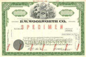 F.W. Woolworth Co. - Famous Department Store - Woolworth's - Specimen Stock Certificate